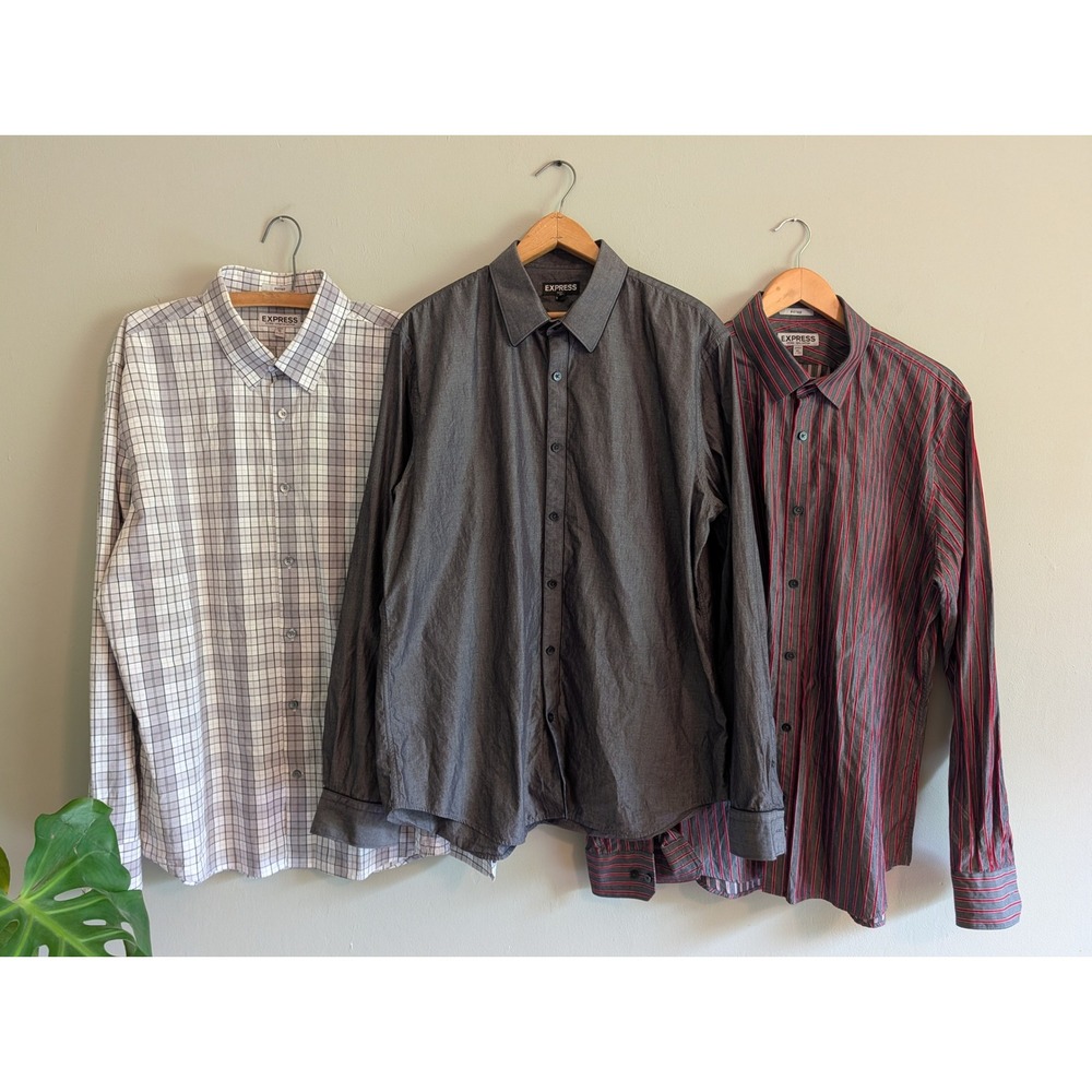 Lot of 3 Express Mens XL Fitted Button Down Shirt Plaid Solid Striped Grey Red